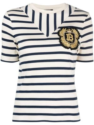 Balmain  logo-patch ribbed-knit striped T-shirt